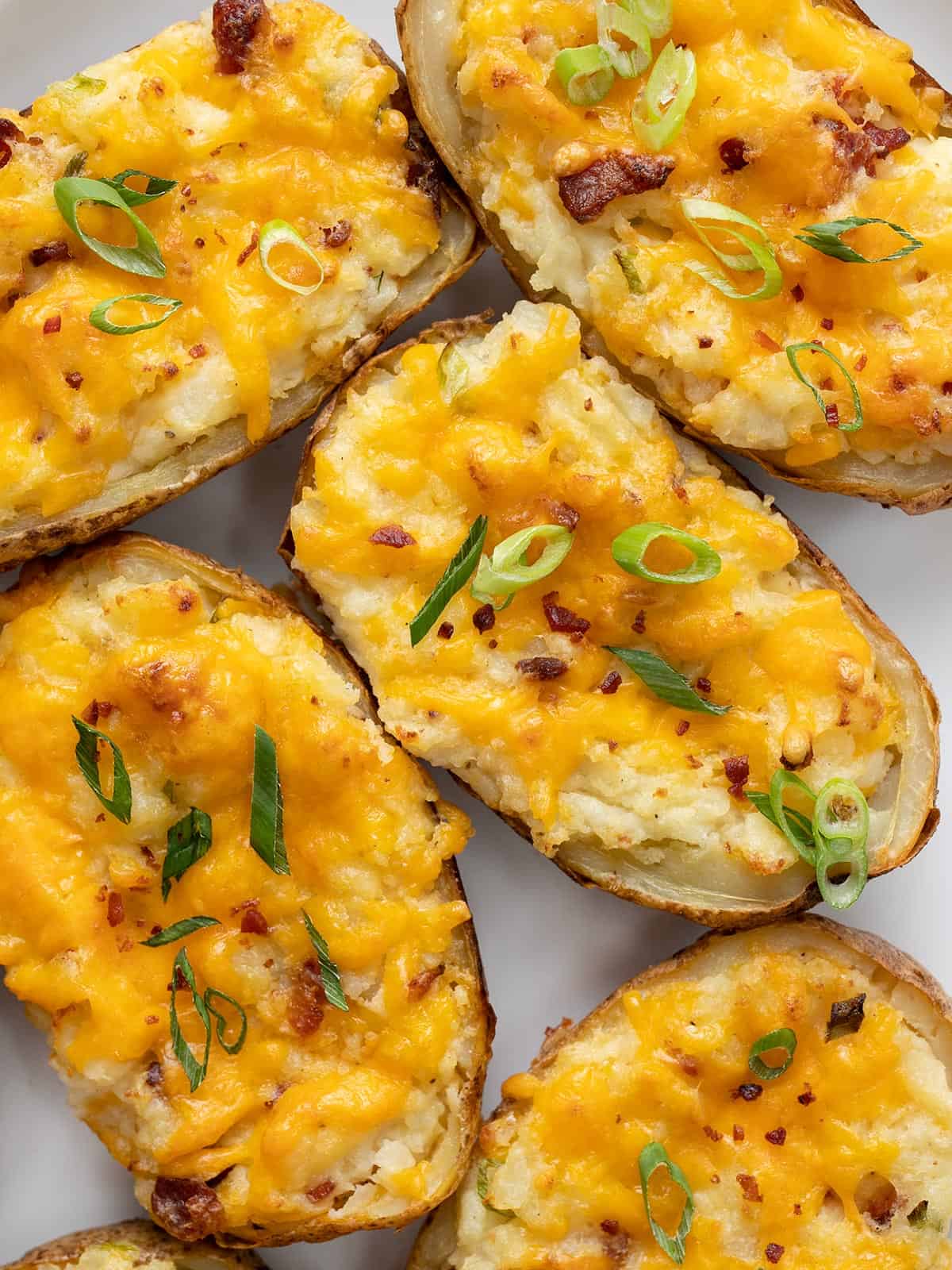 Close up overhead photo of twice baked potatoes