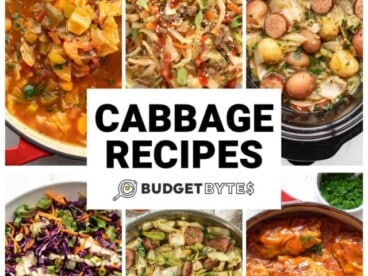 Collage of six cabbage recipes with title text in the center.