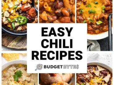 Collage of six easy chili recipes with title text in the center.