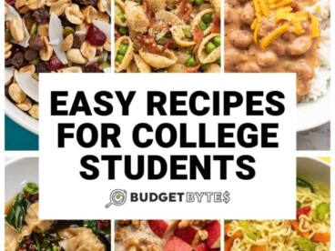 Collage of images of recipes for college students, title text in the center.