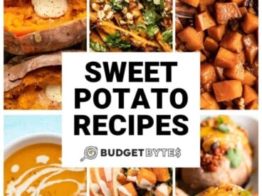 Collage of six sweet potato recipes with title text in the center.
