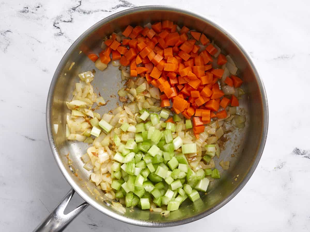 Onion, carrot, and celery in the skillet.