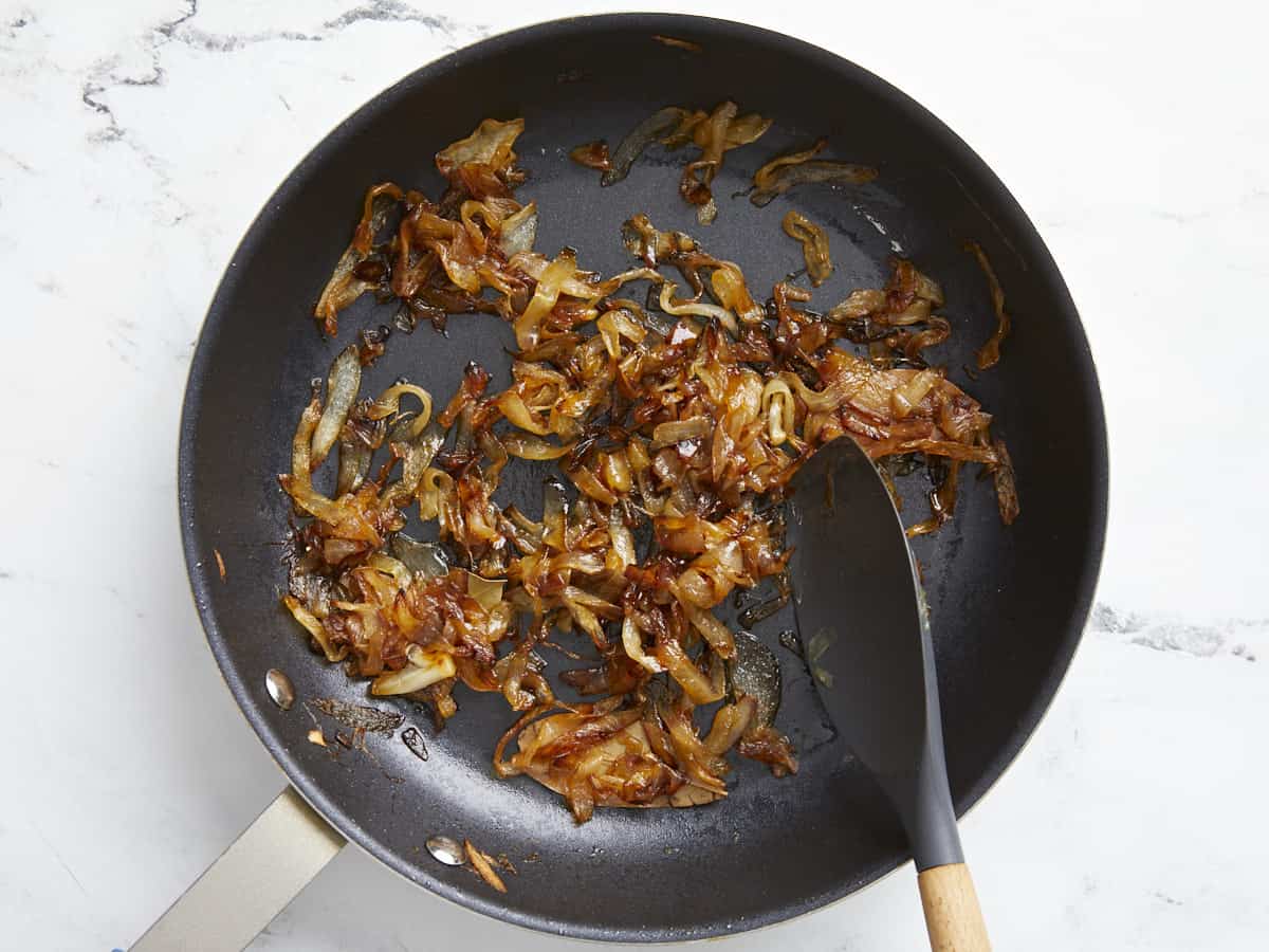 Caramelized onions in the skillet.