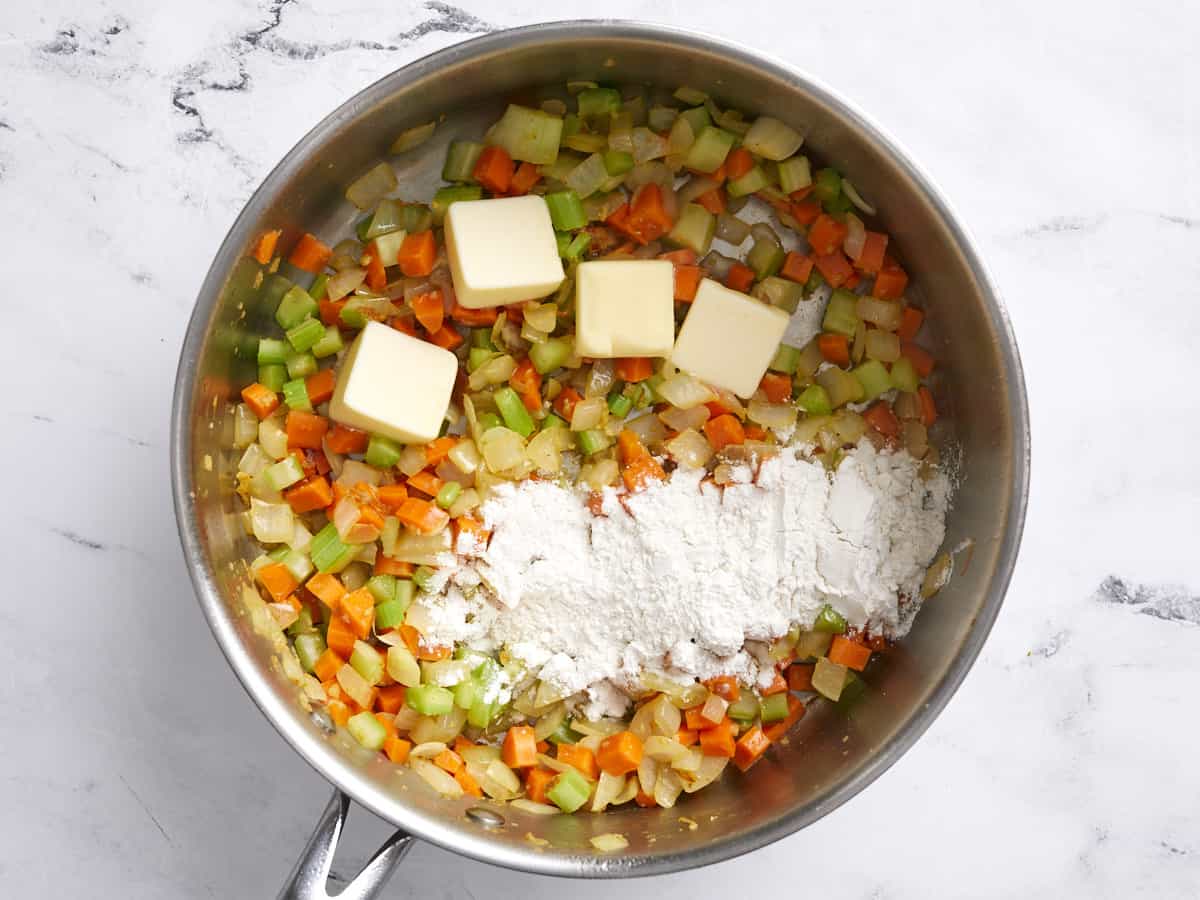 Butter and flour added to the skillet with the vegetables.