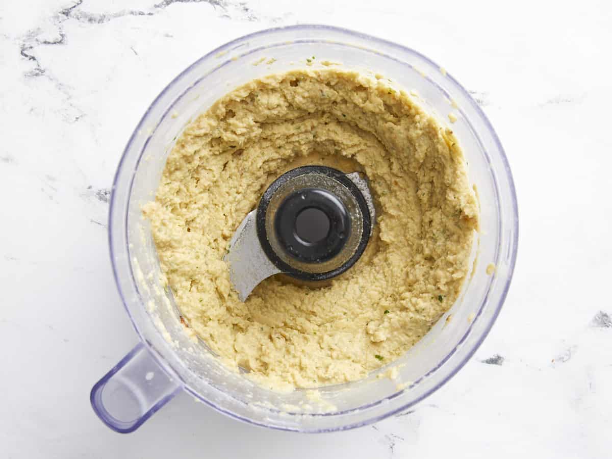 Finished chickpea spread in the food processor.