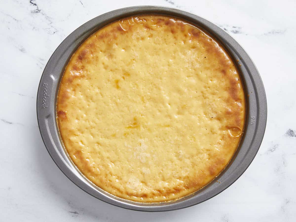 Baked flan in the cake pan. 