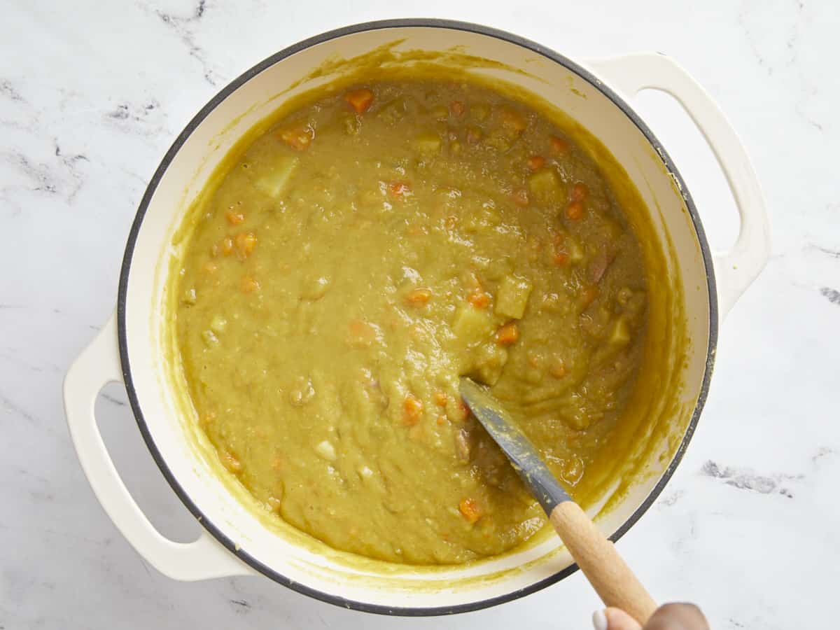 Overhead view of finished split pea soup with ham.
