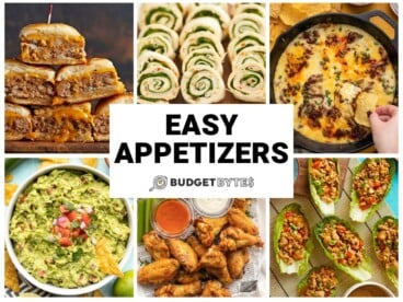 Collage of six easy appetizers with title text in the center.