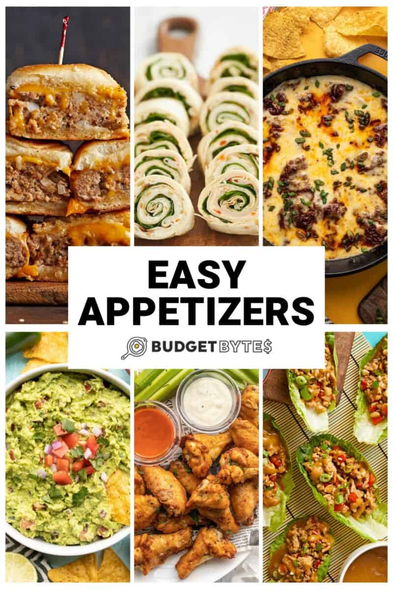 Collage of six easy appetizers with title text in the center.