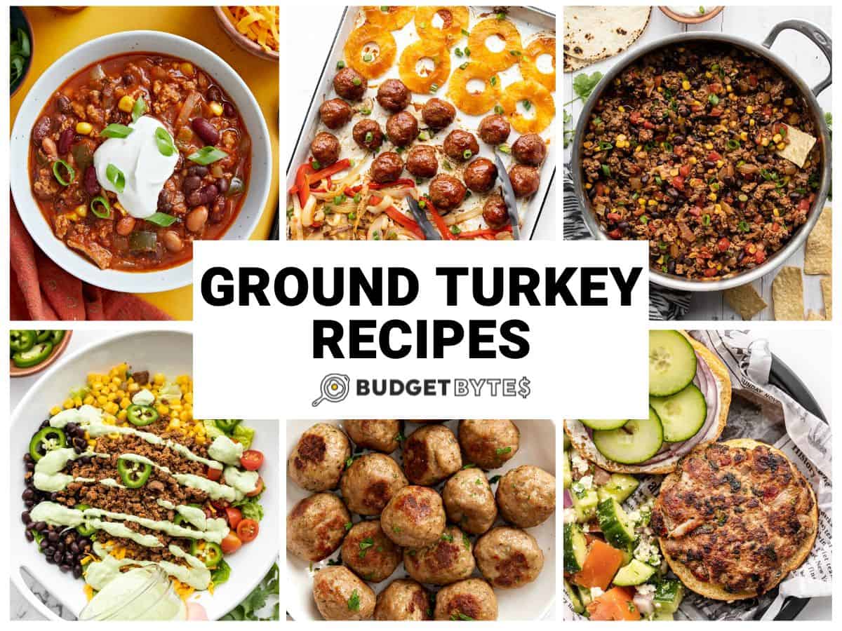 Collage of six ground turkey recipes with title text in the center.