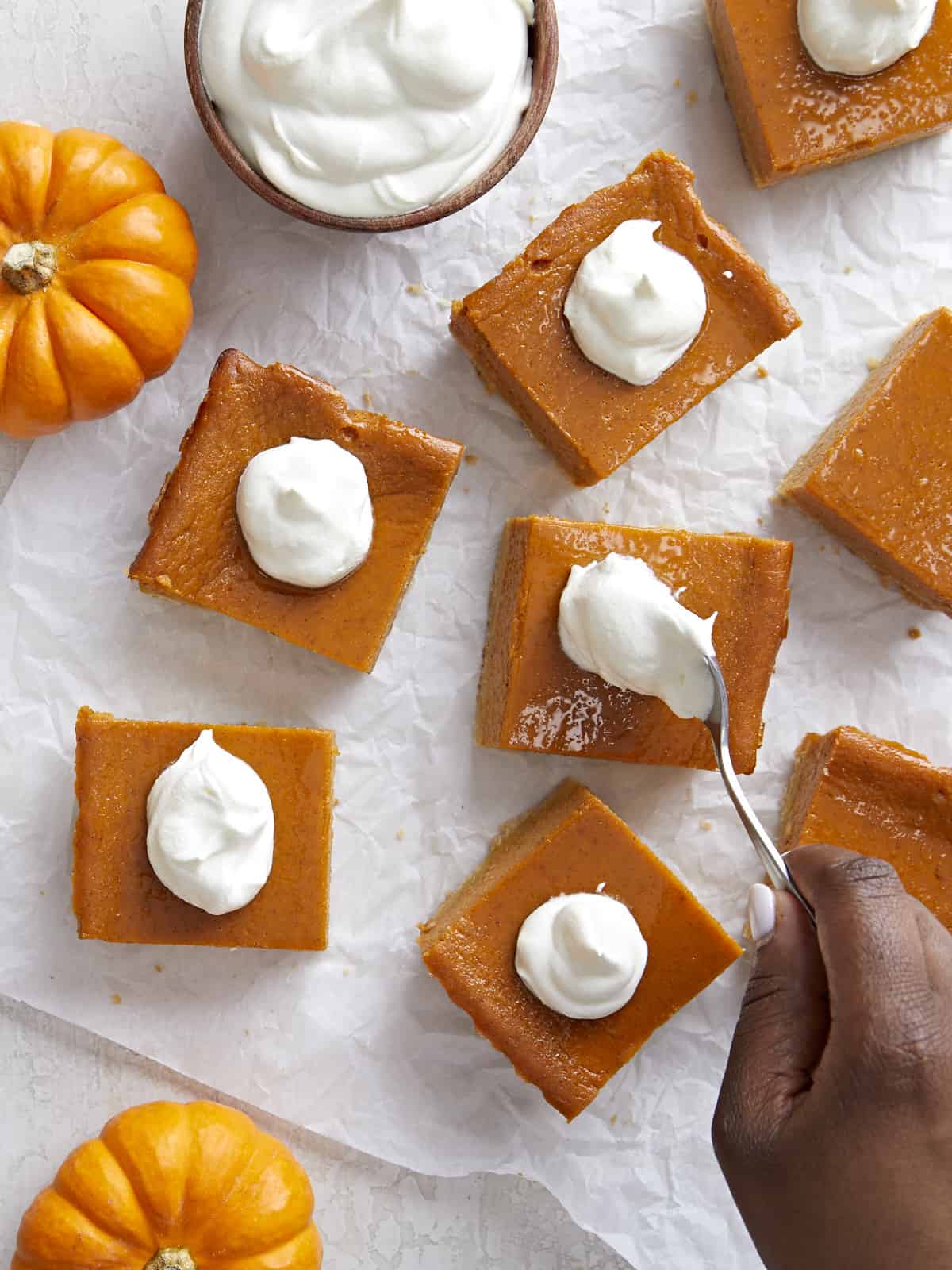 Overhead view of pumpkin pie bars separated on parchment paper with whipped cream being added on top.