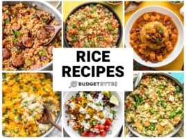 Collage of six easy rice recipes with title text in the center.