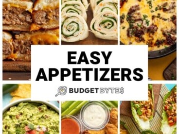 Collage of six easy appetizers with title text in the center.