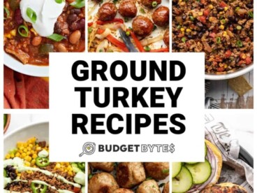 Collage of six ground turkey recipes with title text in the center.