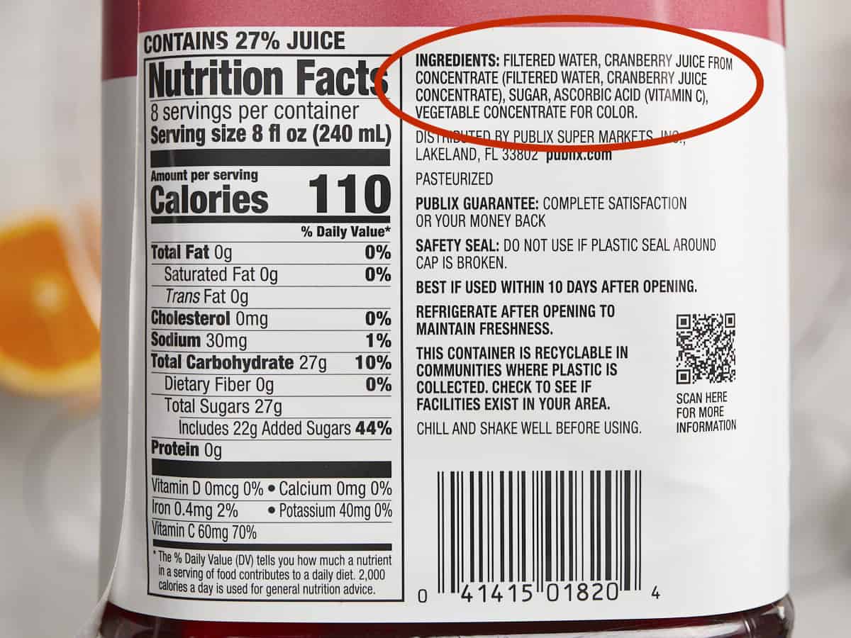 Close up of the ingredient label on a bottle of cranberry juice cocktail. 