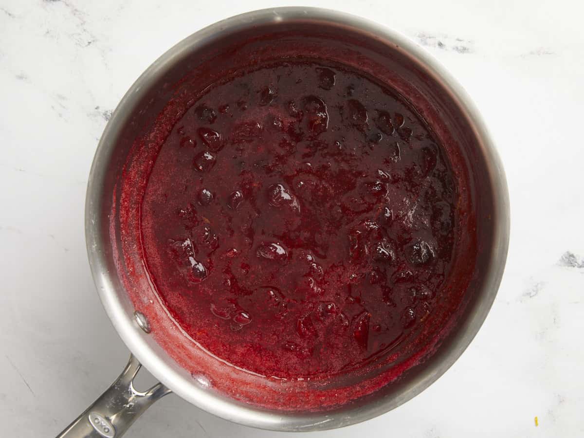 Finished cranberry sauce in the pot. 