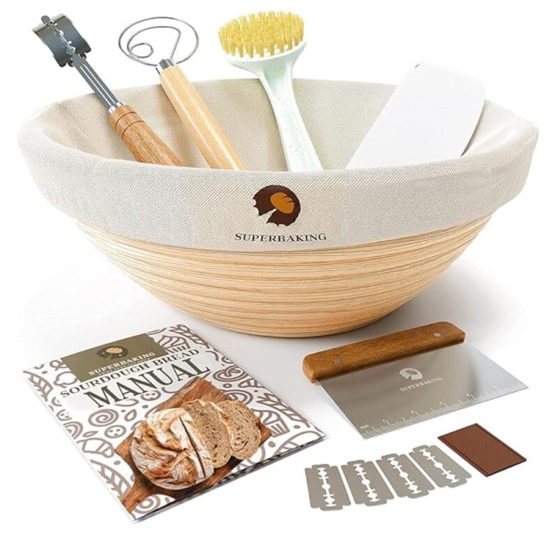 Product image for a homemade bread baking kit with all contents. 