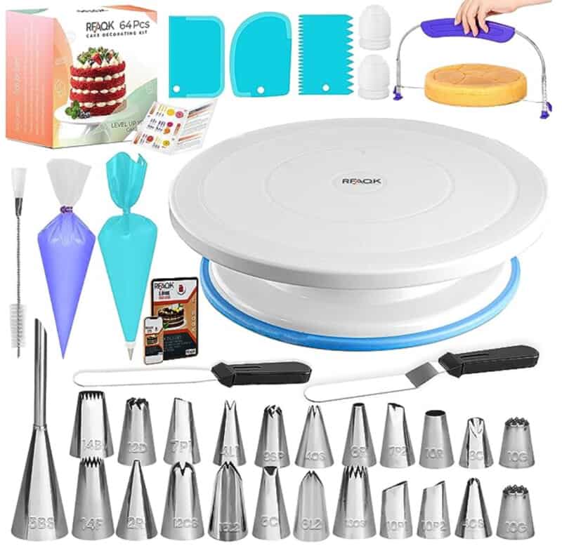 Product image for a cake decorating set showing contents. 