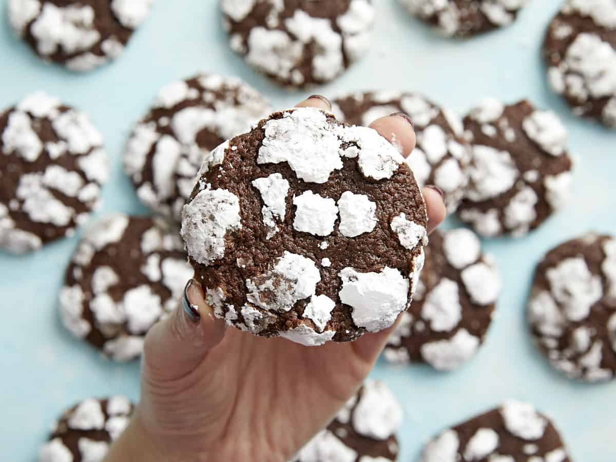 A hand holding a chocolate crinkle cookie close to the camera with others in the background