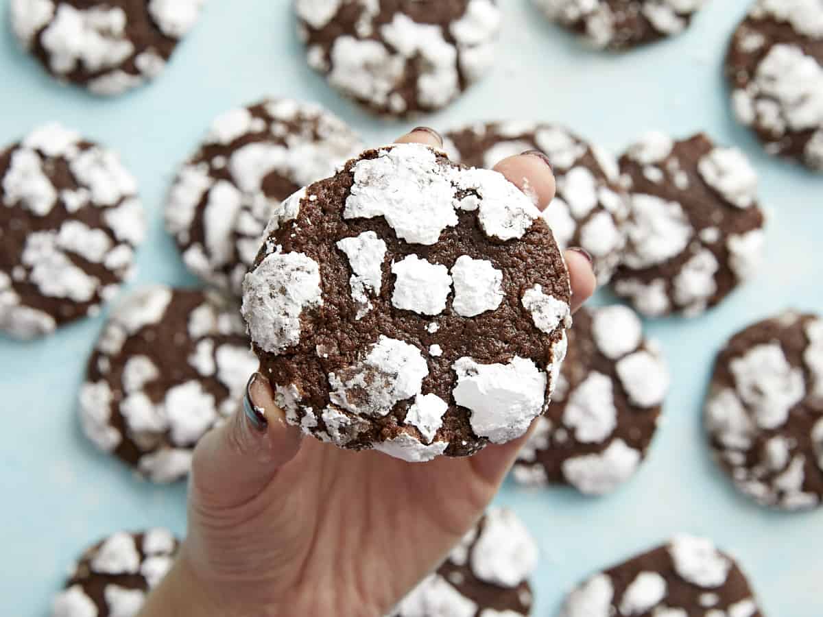 A hand holding a chocolate crinkle cookie close to the camera with others in the background 