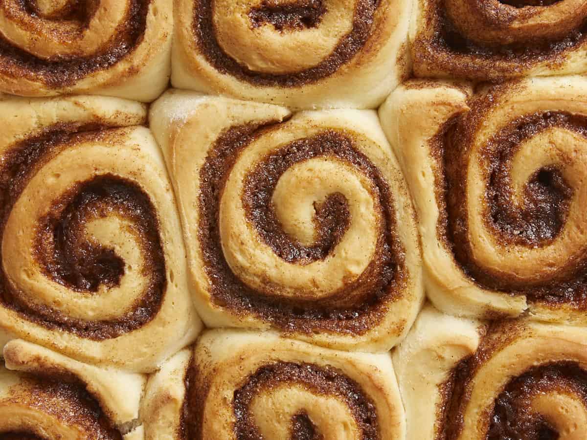Close up overhead view of baked cinnamon rolls without frosting. 