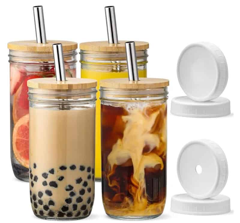 Product image for glass tumblers with bamboo lids and metal straws. 