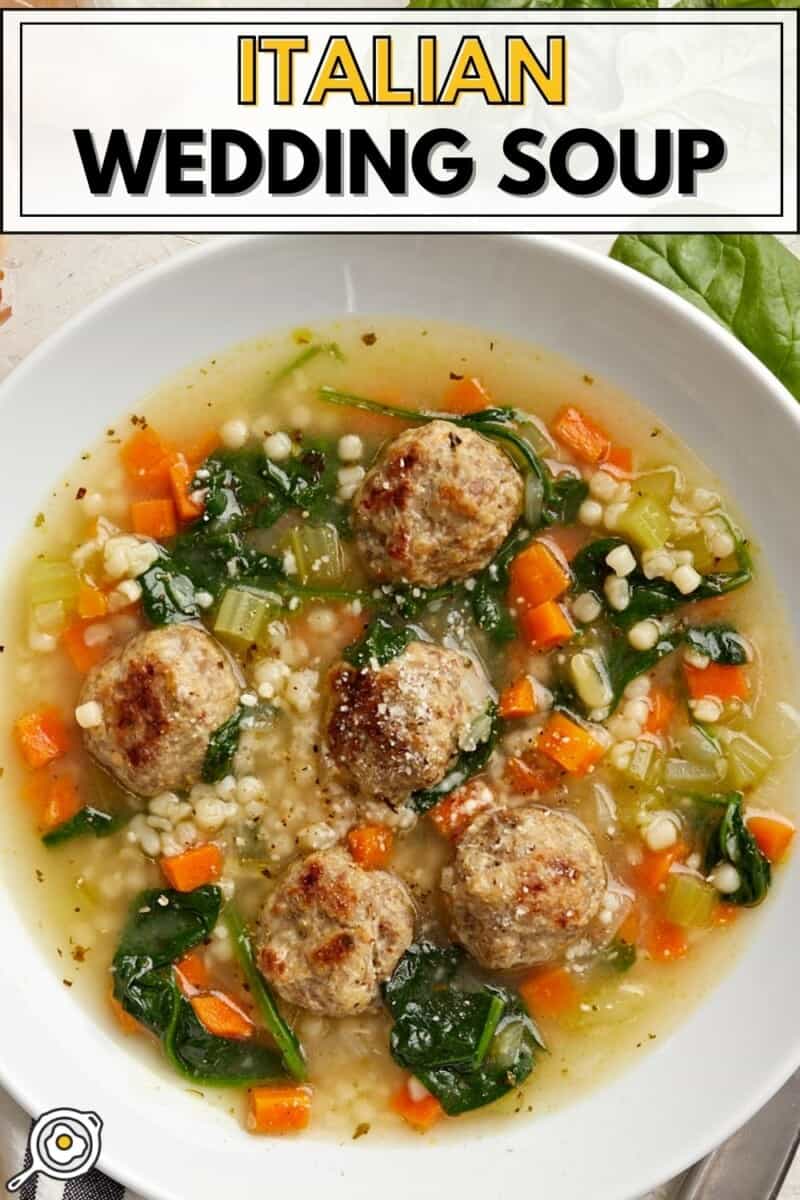 Close up overhead view of a bowl of Italian Wedding Soup.