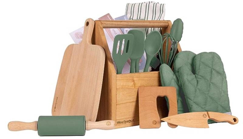 Product image for a wooden and silicone kids cooking set. 
