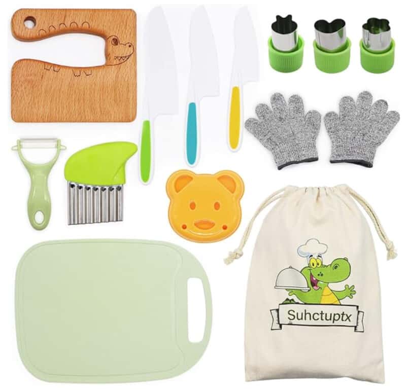 Product image of a kids cooking set, with contents shown.