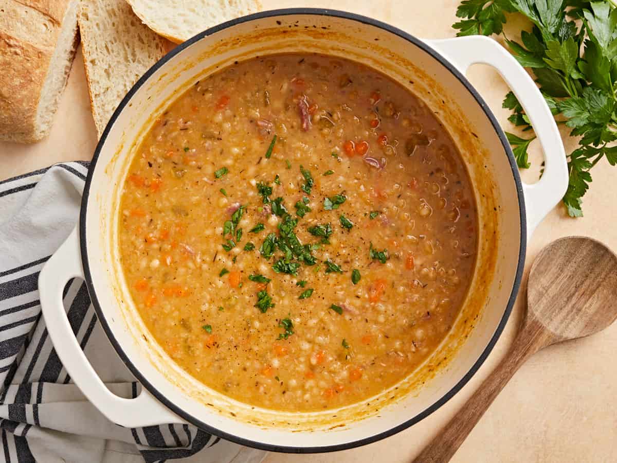 Overhead view of Navy Bean Soup with parsley sprinkled on top.