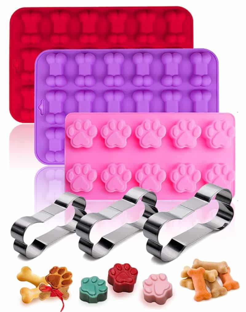 Product image for dog-themed silicone and metal molds and cookie cutters. 