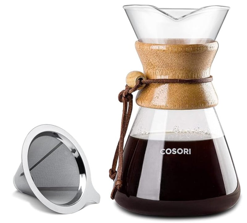 Pour over glass coffee maker with metal filter. 