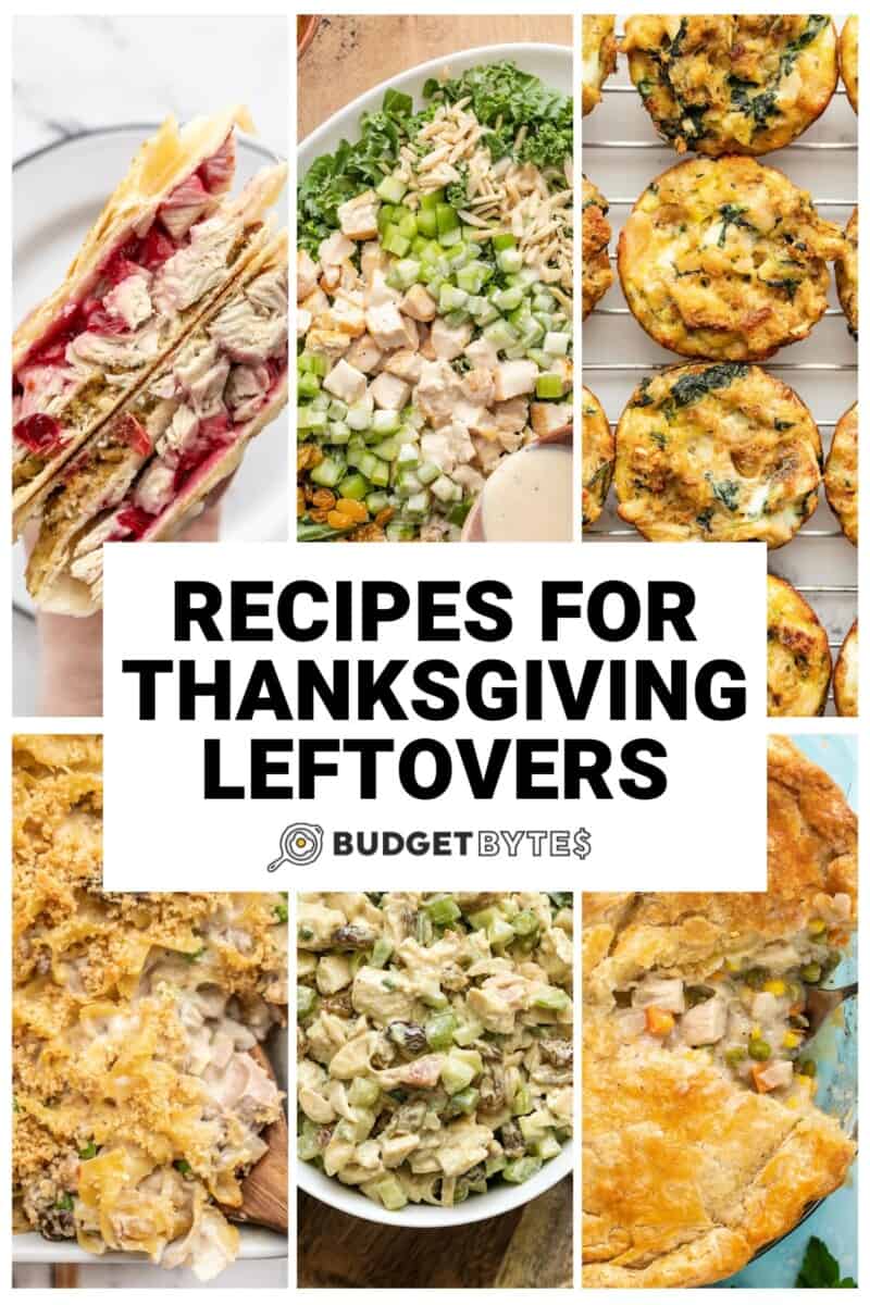 Collage of six recipes for Thanksgiving leftovers with title text in the center.