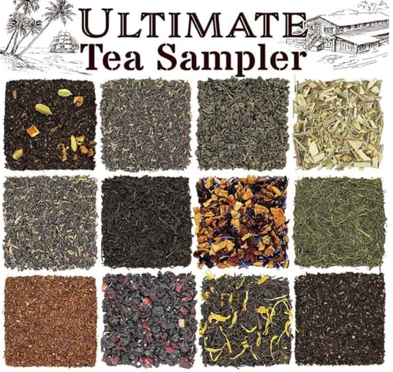 Product image for a tea sampler set showing 12 types of loose leaf tea. 