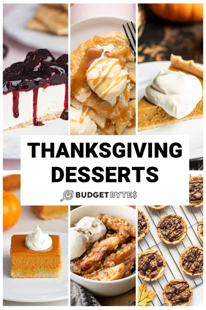 Collage of six Thanksgiving dessert recipes with title text in the center.