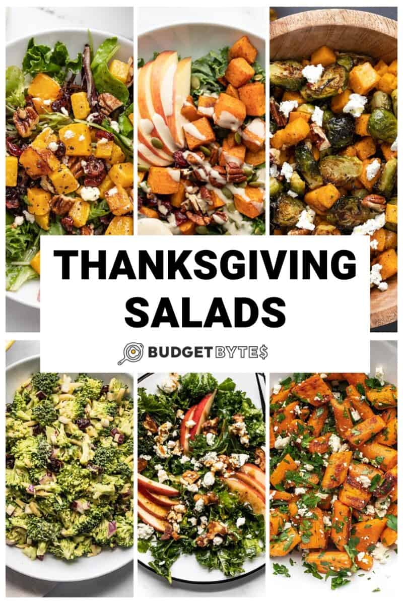 Collage of six Thanksgiving Salads with title text in the center.