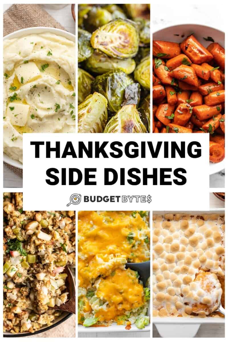 Collage of six Thanksgiving side dishes with title text in the center.