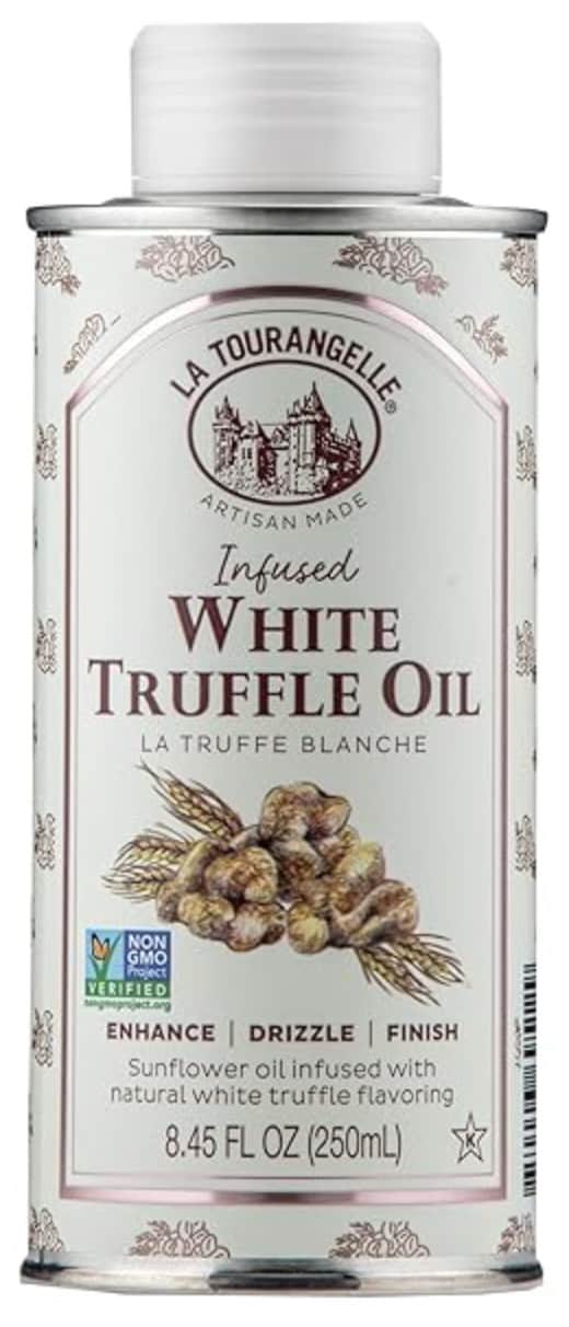 Product image of a metal bottle full of white truffle oil. 