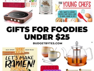 Collage of gifts for food lovers under $25 with title text in the center.