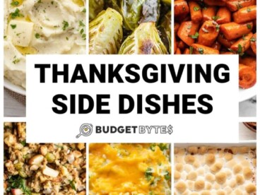 Collage of six Thanksgiving side dishes with title text in the center.