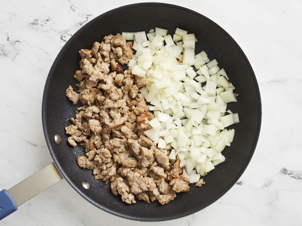 Ground sausage and diced onion in a nonstick skillet.