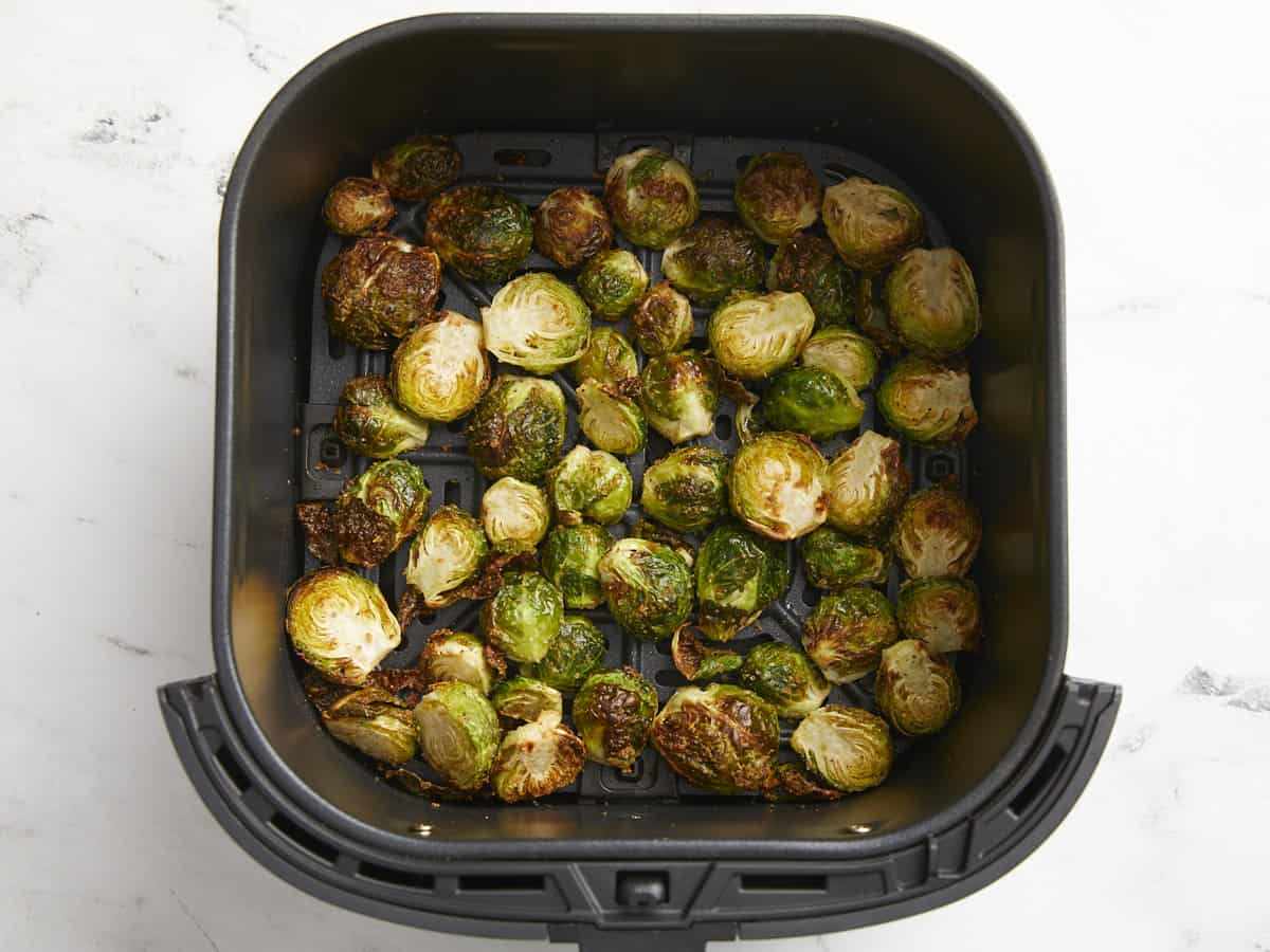 Cooked Brussels sprouts in the air fryer.
