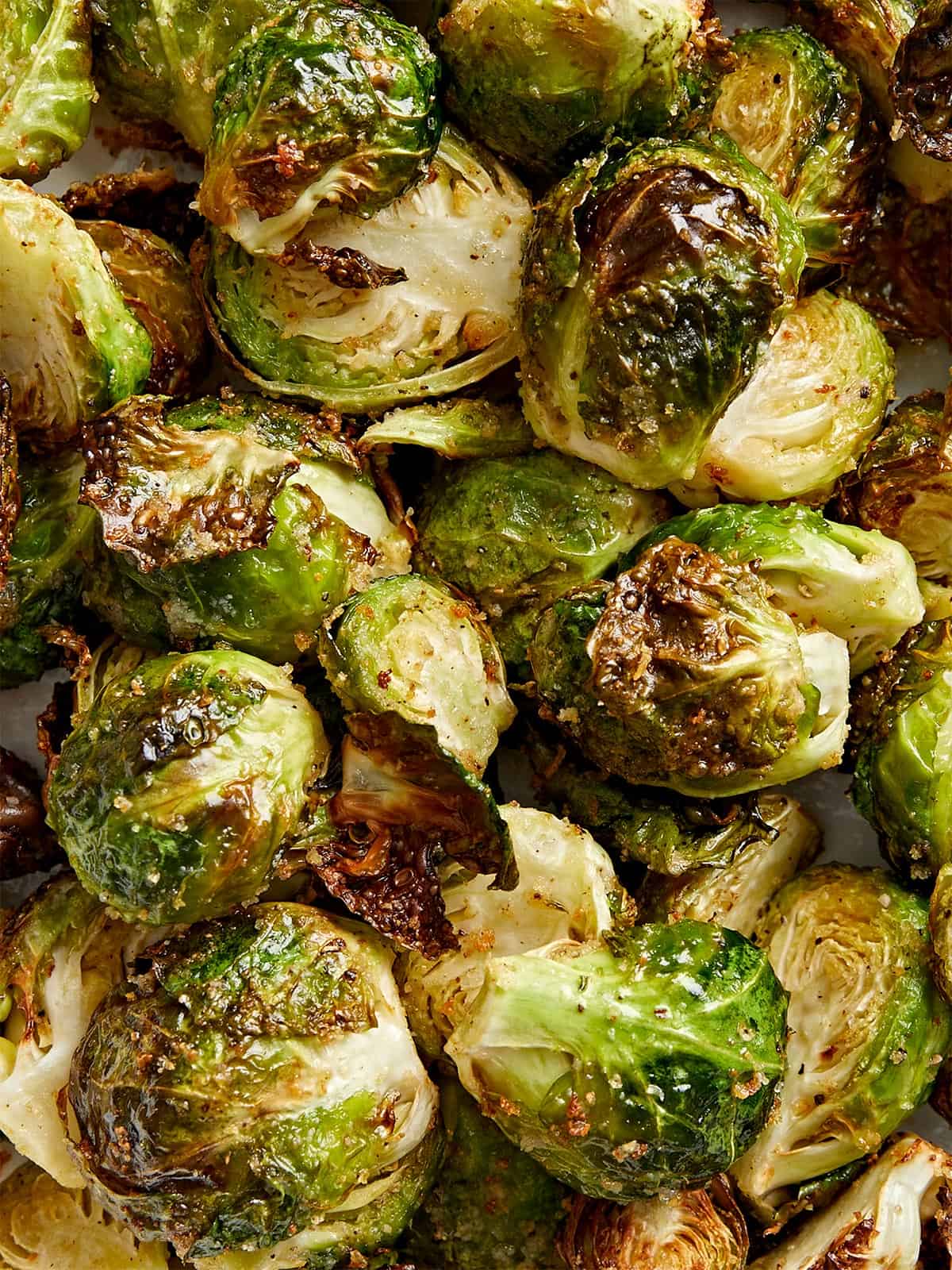 Close up macro view of Air Fryer Brussels Sprouts.