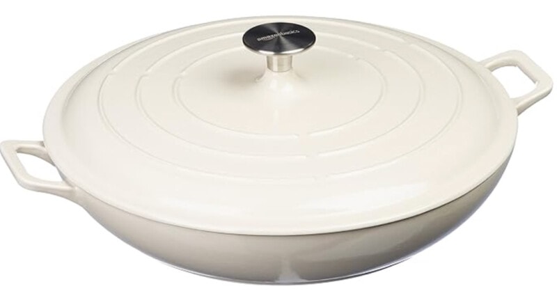 White enameled cast iron covered casserole pan.