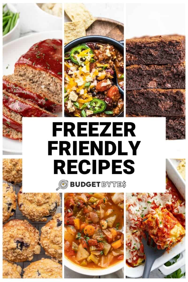 Collage of six freezer friendly recipes with title text in the center.