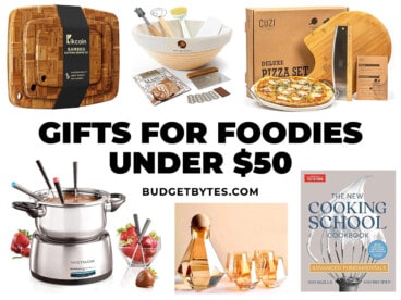 Collage of images of gift ideas for foodies with title text in the center.