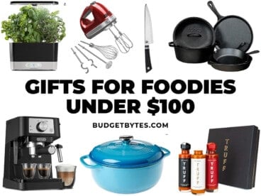 Collage of gift items under $100 with title text in the center.