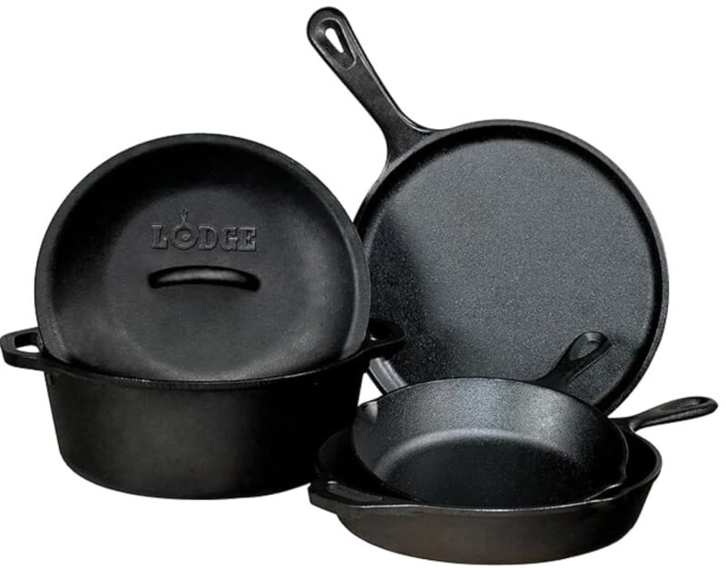 Lodge cast iron set of pots and pans.