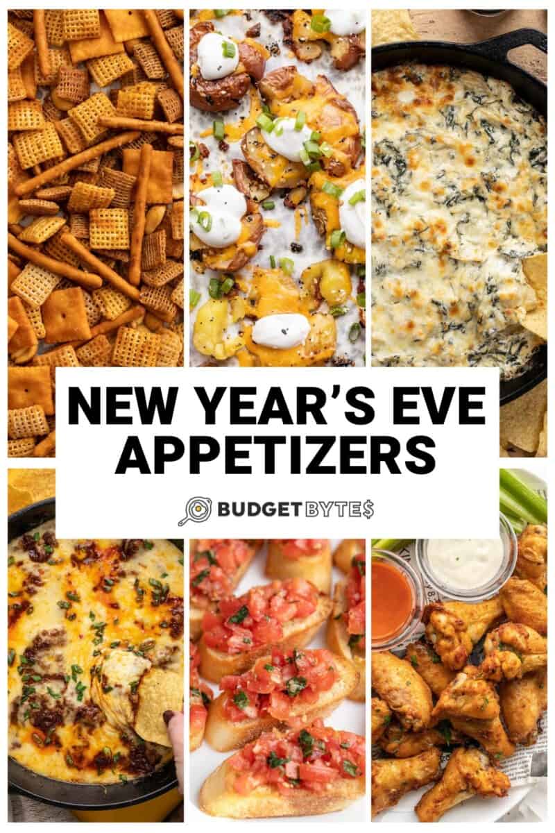 Collage of six New Year's Eve Appetizers with title text in the center.