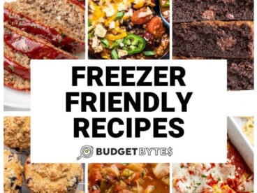 Collage of six freezer friendly recipes with title text in the center.